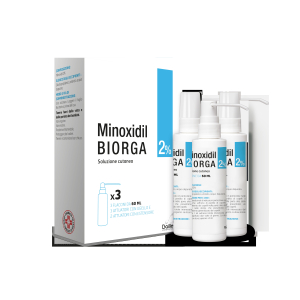 MINOXIDIL BIORGA 2% SOLUZIONE CUTANEA, 3 FLACONI HDPE 60ML CON POMPA SPRAY E  APPLICATORE